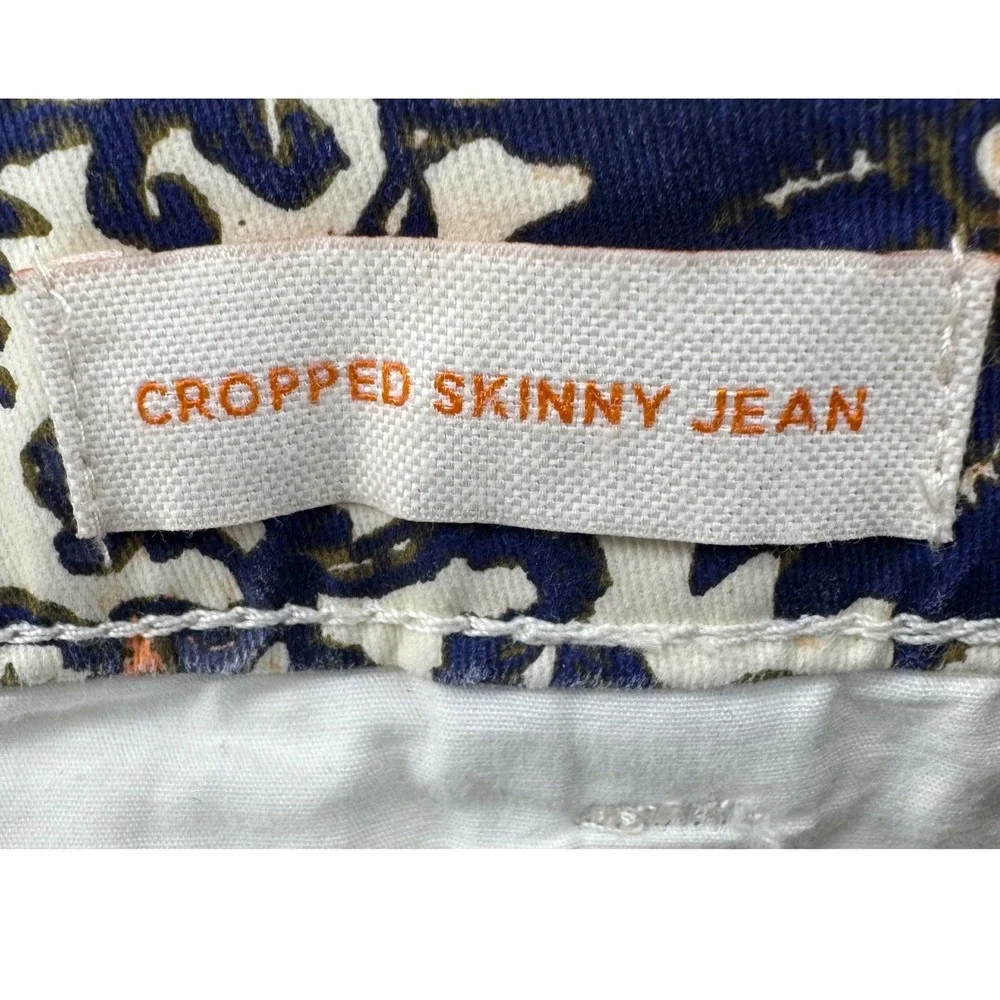 Tory Burch Cropped Skinny Jean 26 Blue Floral Print Side Zip Chic Mediterranean